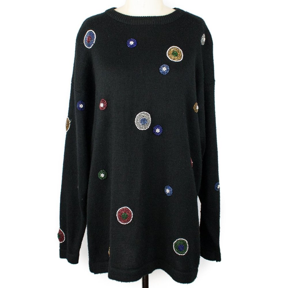 VTG Focus | Beaded Circle Black Tunic Sweater | XL